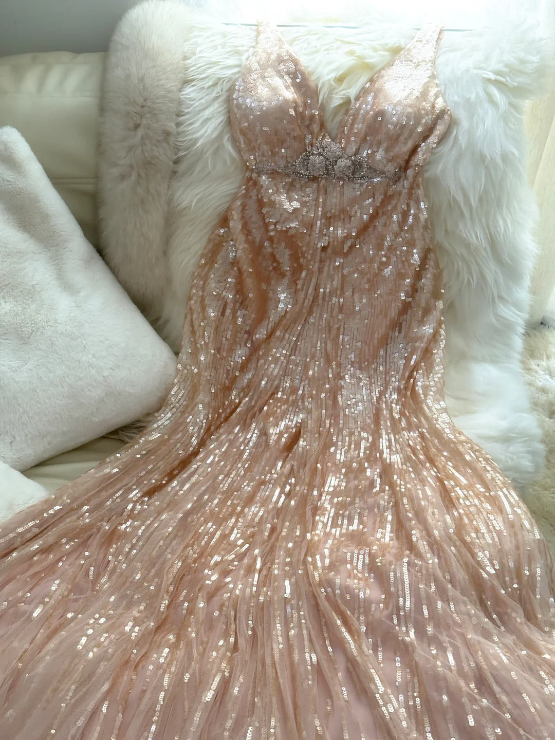 Sparkly Mermaid V Neck Blush Pink Sequin With Beading Formal Gown Long Evening Night Prom Dresses MP1027