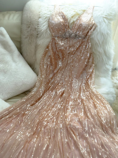 Sparkly Mermaid V Neck Blush Pink Sequin With Beading Formal Gown Long Evening Night Prom Dresses MP1027