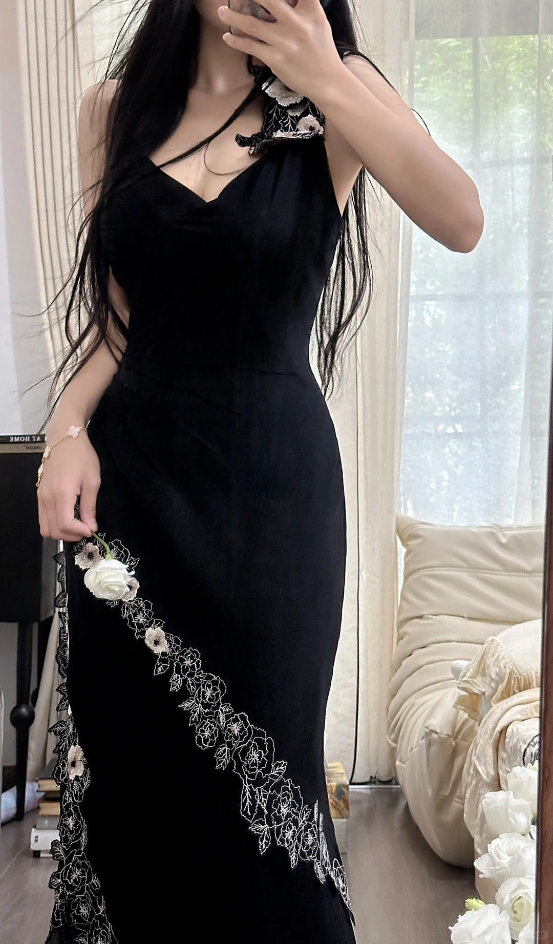 Sexy Meerjungfrau Schwarzer Chiffon mit Applikation Lang Ärmelloses Abendkleid Ballkleid MP1093