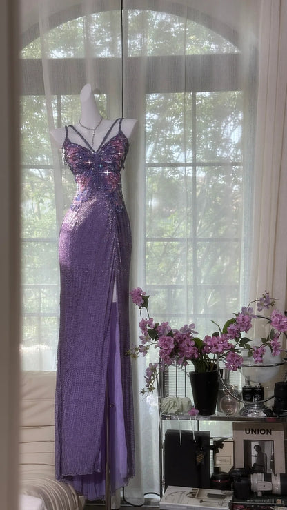 Elegantes Meerjungfrauen-Abendkleid mit Spaghettiträgern, Pailletten in Traubenfarben, ärmellose Ballkleider MP978