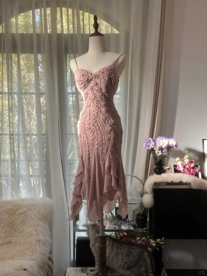 Sexy Homecoming-Kleider Spaghettiträger Rosa Meerjungfrau Knielang Party Abschluss Outfits MP1088