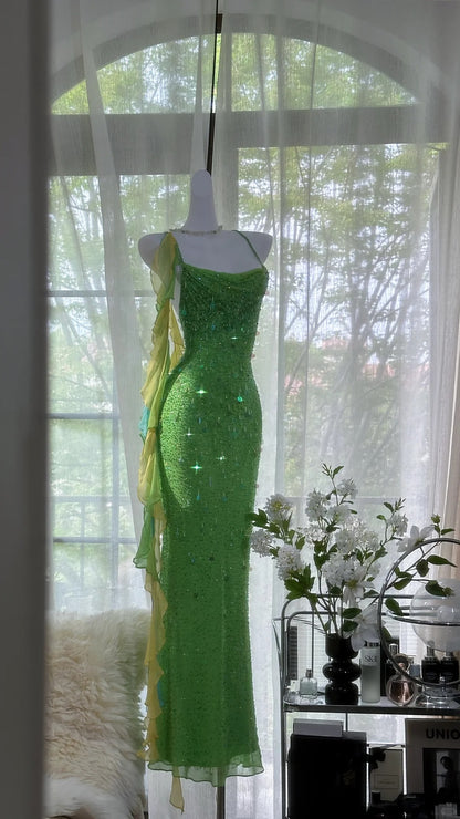 Sparkly Mermaid Spaghetti Strap Green Chiffon Long Evening Night Gown Sleeveless Prom Dresses MP1001