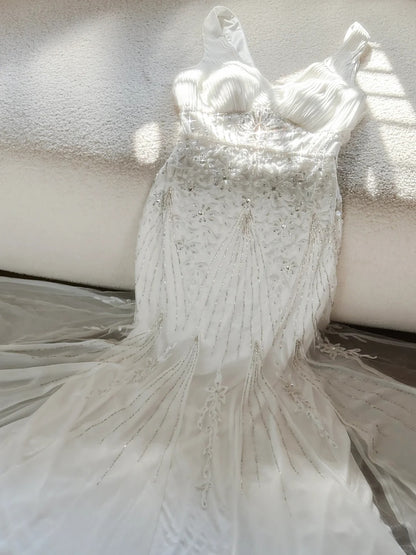 Beautiful Mermaid V Neck White Chiffon With Crystals Floor Length Sleeveless Formal Gown Evening Prom Dresses MP1122