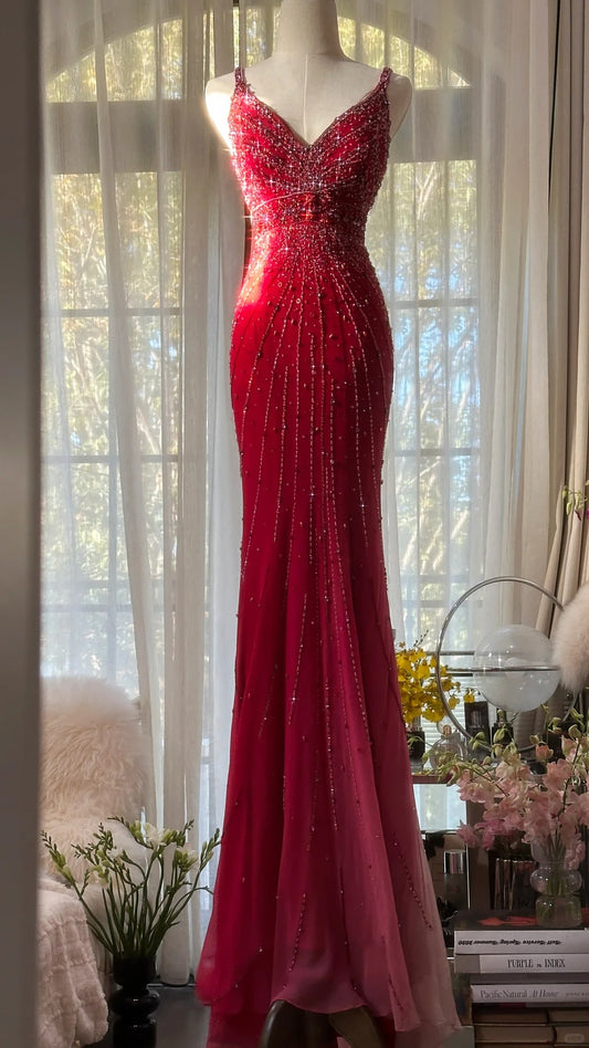Stylish Mermaid Spaghetti Strap Gradient Pink Colors Chiffon Sleeveless Formal Outfits Long Prom Dresses M5P1106