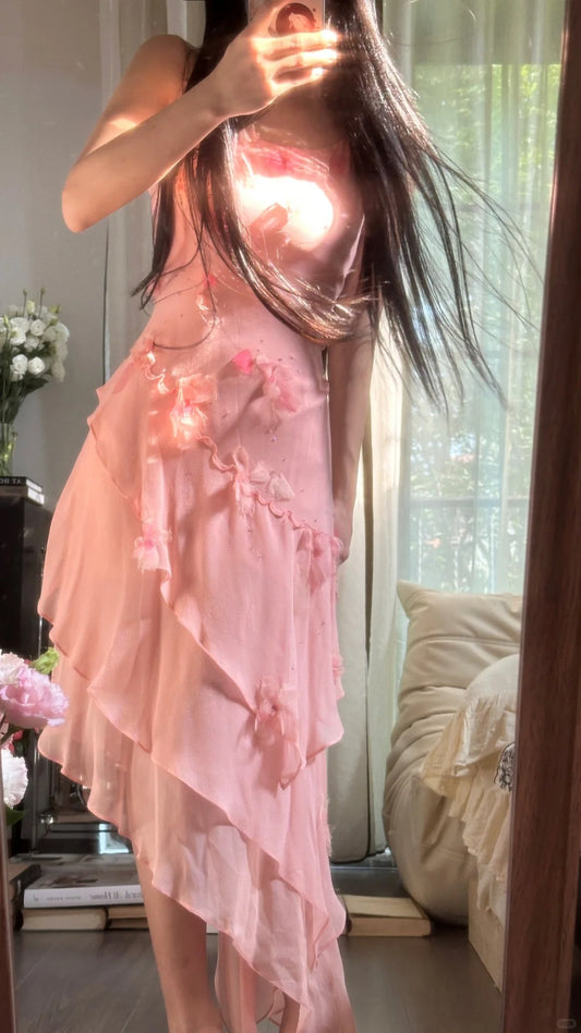 Best Mermaid Spaghetti Strap Pink Chiffon Irregular Sleeveless Formal Outfits Prom Dresses MP1113