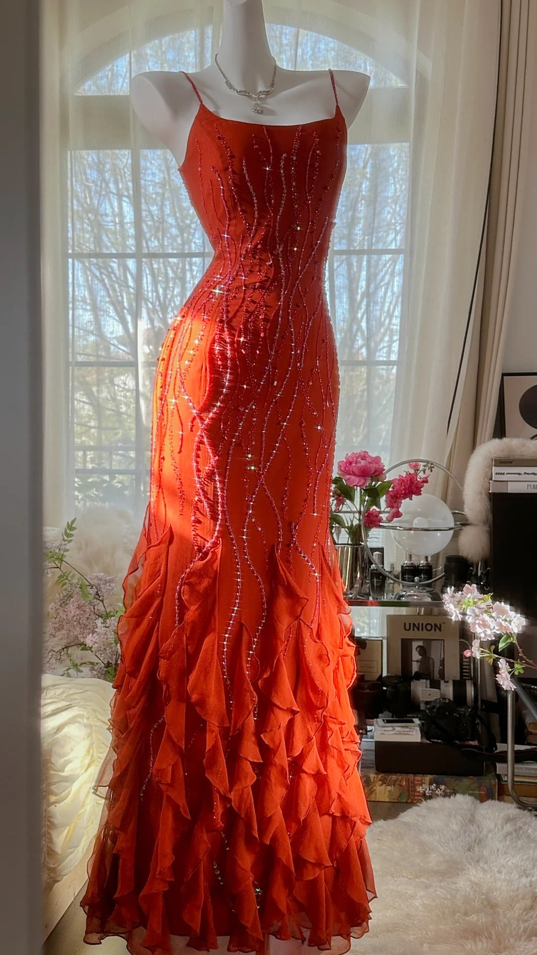 Robe de soirée Vintage Sirène orange à fines bretelles avec perles argentées, longue, à volants, pour bal de promo MP989