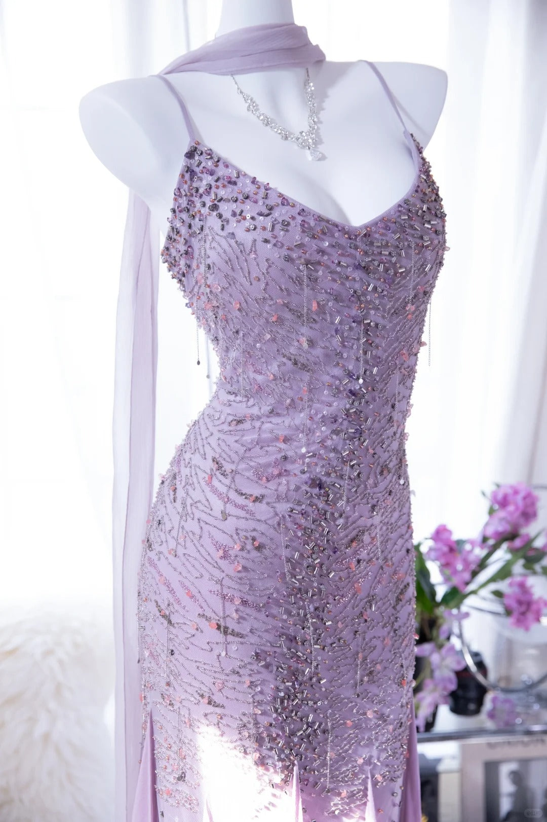 Modest Mermaid Spaghetti Strap Lilac Chiffon With Beading Formal Gown Tea Length Evening Night Prom Dresses MP1039