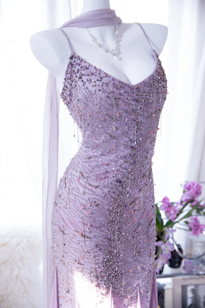 Modest Mermaid Spaghetti Strap Lilac Chiffon With Beading Formal Gown Tea Length Evening Night Prom Dresses MP1039