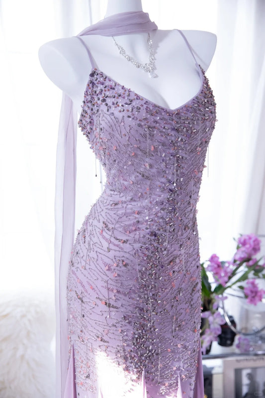 Modest Mermaid Spaghetti Strap Lilac Chiffon With Beading Formal Gown Tea Length Evening Night Prom Dresses MP1039