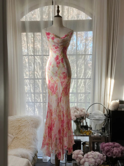 Bescheidenes Meerjungfrauen-Spaghettiträger-Kleid aus pinkfarbenem Chiffon mit Blumenmuster, lang, ärmellos, formelles Abend-/Ballkleid MP1087
