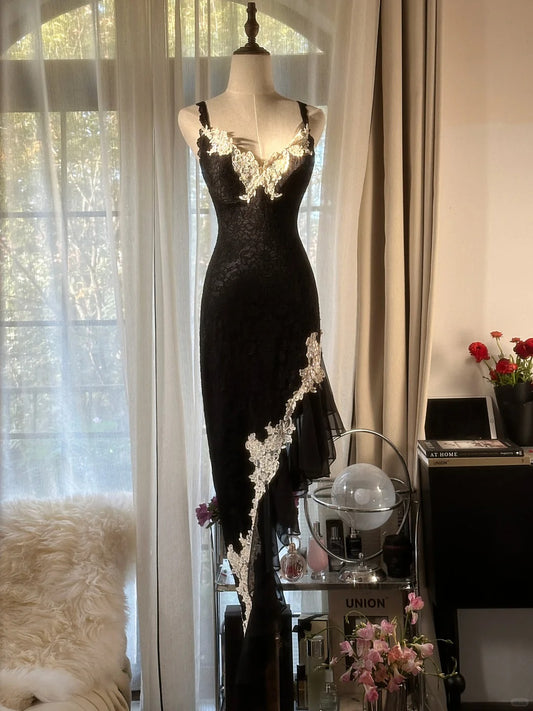 Best Mermaid Spaghetti Strap Black Chiffon Irregular Corset Fitted Formal Outfits Prom Dresses MP1114