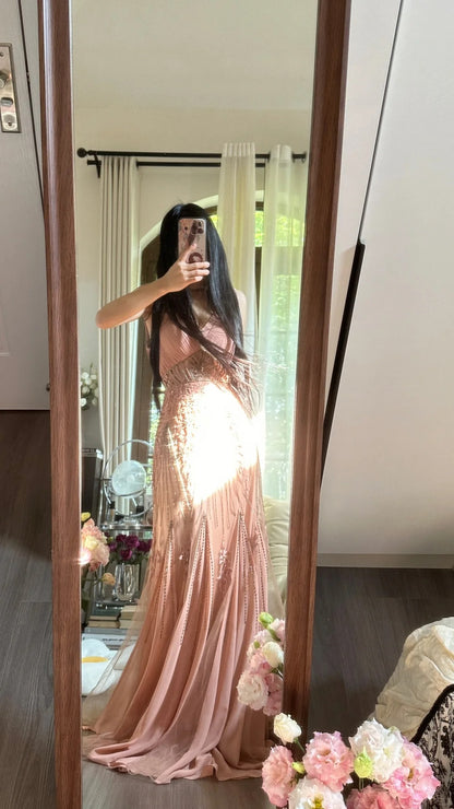 Elegantes & Ätherisches Meerjungfrauen-V-Ausschnitt-Kleid aus Chiffon in Errötendem Rosa, Ärmellos, für Gala, Schönheitswettbewerb, Abschlussballkleider MP1137