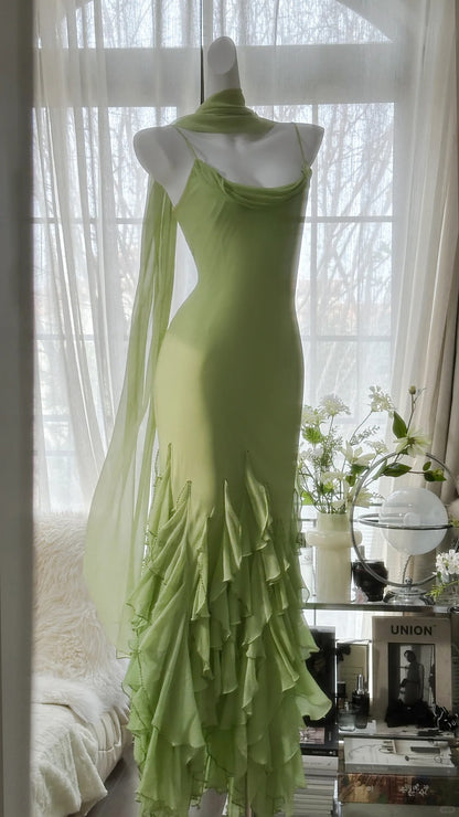Modeste Robe de Soirée Sirène à Bretelles Fines en Chiffon Vert avec Couches, Longue, sans Manches, pour Bal de Promo MP1029