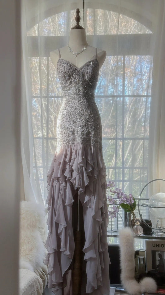 Modest Mermaid Spaghetti Strap High Low Dusty Lilac Chiffon With Beading Formal Gown Long Evening Night Prom Dresses MP1050