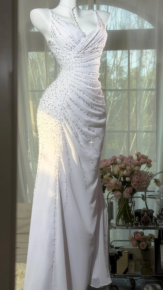 Modest Mermaid Spaghetti Strap White Chiffon With Beading Formal Gown Floor Length Evening Night Prom Dresses MP1044