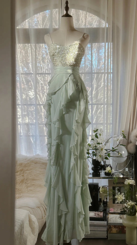 Modest A line Spaghetti Strap Mint Green Chiffon Layers Evening Night Gown Sleeveless Long Prom Dresses MP1030