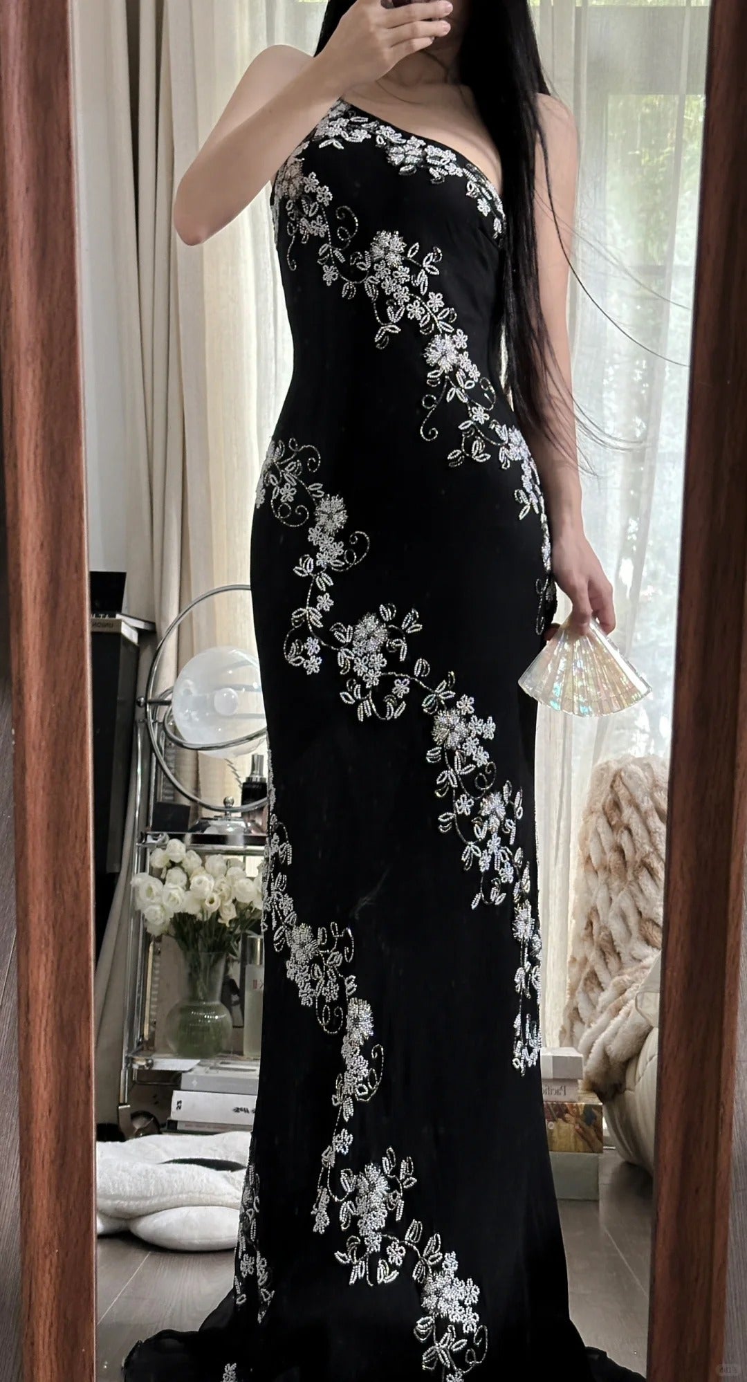 Magnifique Robe de Bal Sirène Asymétrique en Chiffon Noir avec Cristaux Longueur Ras du Sol sans Manches Robe de Soirée MP1130