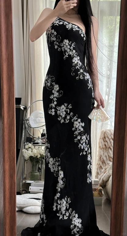 Magnifique Robe de Bal Sirène Asymétrique en Chiffon Noir avec Cristaux Longueur Ras du Sol sans Manches Robe de Soirée MP1130