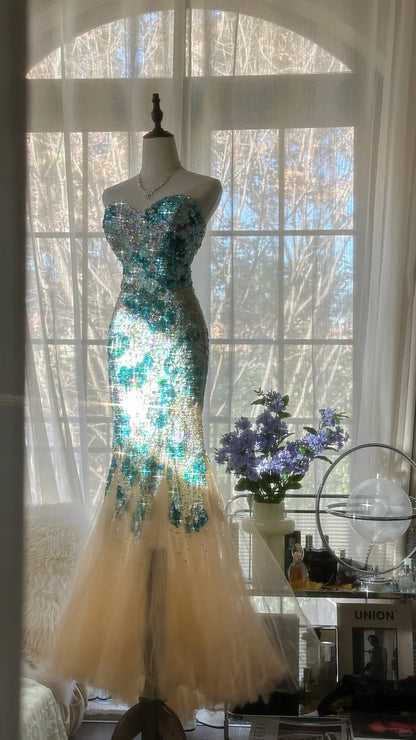 Sexy Mermaid Sweetheart Champagne Tulle With Blue Applique Long Sleeveless Formal Gown Prom Dresses MP1094