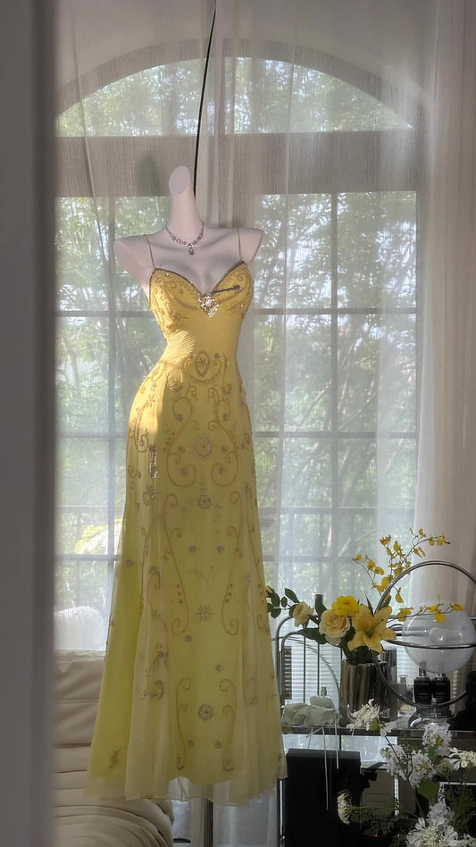 Classy Mermaid Spaghetti Strap Yellow With Beaded Chiffon Sleeveless Floor Length Prom Dresses MP971