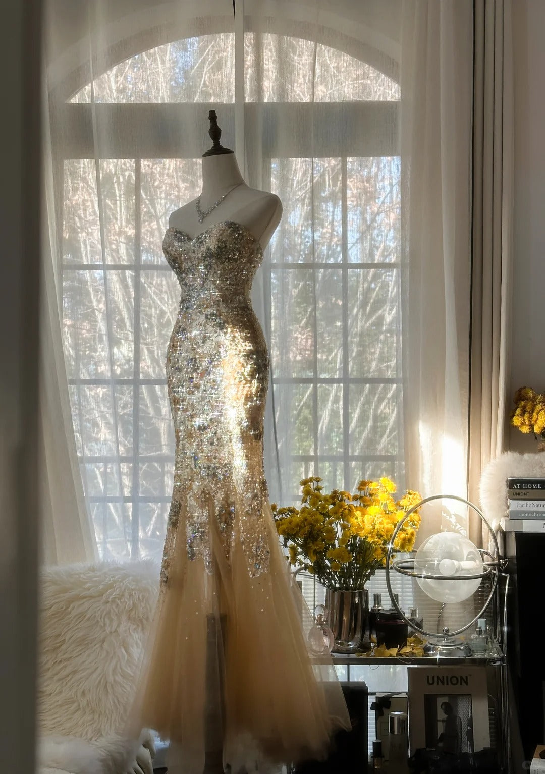 Sparkly Mermaid Sweetheart Champagne Tulle With Lace Sleeveless Formal Outfits Prom Dresses MP1112