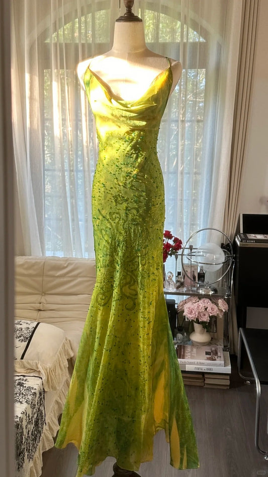 Élégante et Éthérée Robe Sirène Bretelles Fines en Mousseline Verte sans Manches pour Gala, Concours de Beauté et Bal de Fin d'Année MP1139