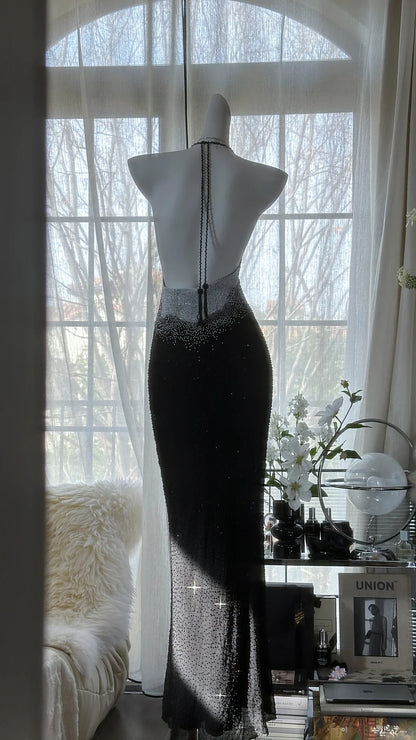 Vintage Mermaid Halter Black Tie Gown With Beading Evening Night Long Prom Dresses MP994