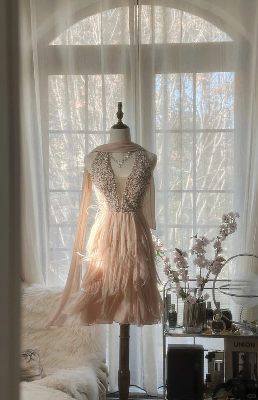 Modest A line V Neck Blush Pink Chiffon With Beading Evening Night Gown Knee Length Prom Dresses MP1037