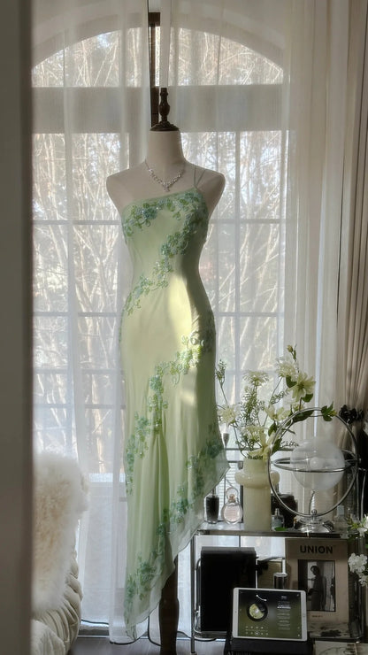Vintage Mermaid Mint Green With Lace Formal Gown Appliqued Asymmetrical Evening Night Prom Dresses MP1013