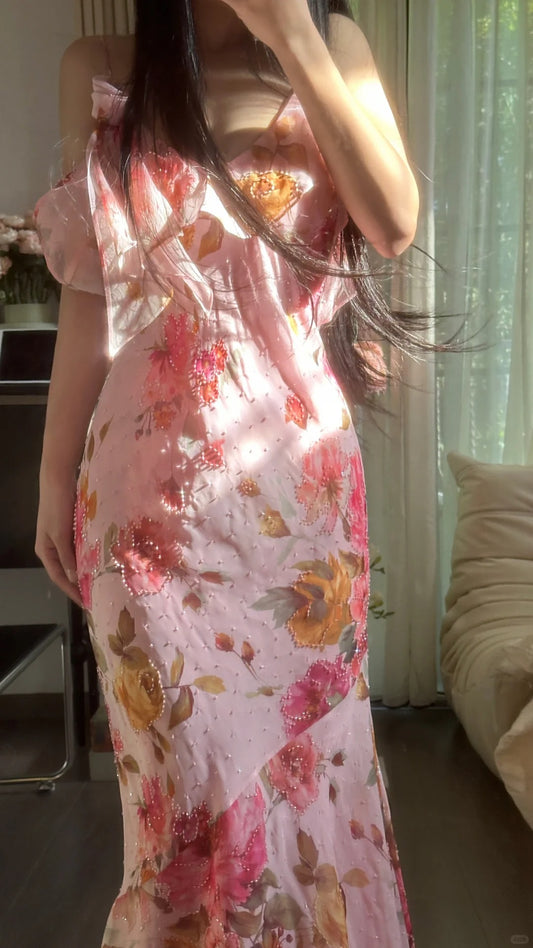 Vintage Mermaid Spaghetti Strap Pink Floral Chiffon Long Formal Gown Evening Outfits Prom Dresses MP1081