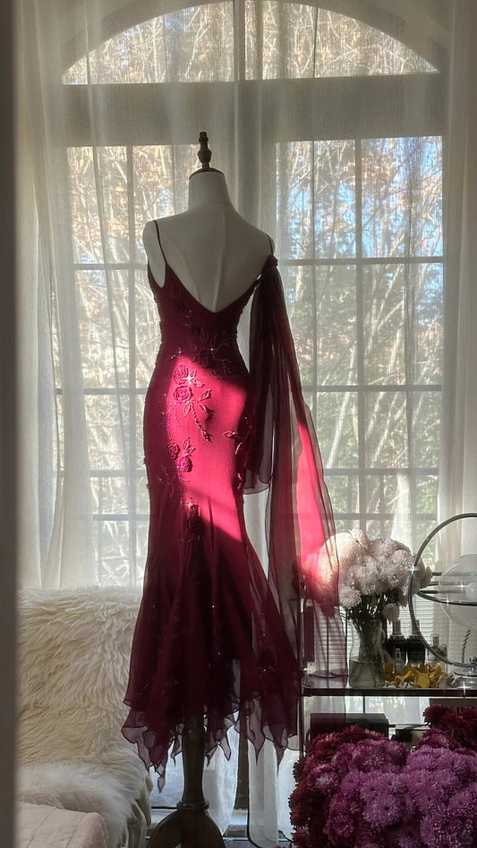 Modest Mermaid Spaghetti Strap Burgundy Chiffon With Scarf Long Sleeveless Formal Gowns Prom Dresses MP1098