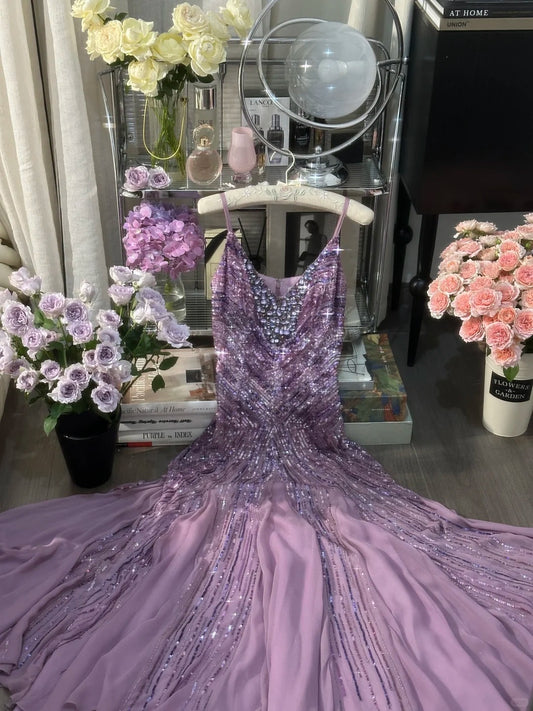 Beautiful Mermaid Spaghetti Strap Lilac Chiffon With Beading Long Formal Outfits Prom Dresses MP1118