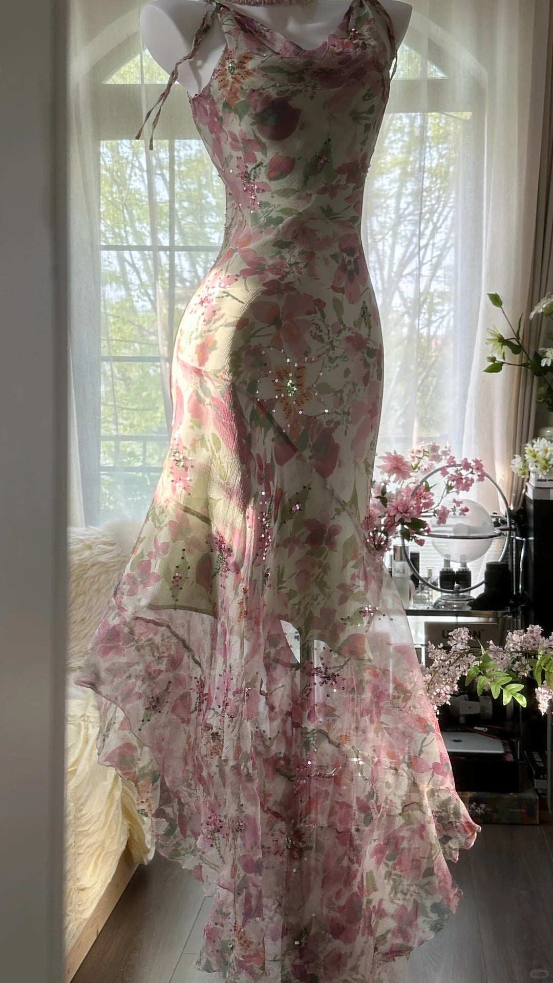 Robes de soirée sans manches en mousseline de soie rose à bretelles spaghetti et cristaux, motif floral, pour bal de fin d'année, MP1009