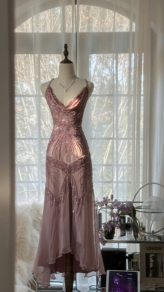 Modest Mermaid Spaghetti Strap Pink Sleeveless With Beading Formal Gown Chiffon Evening Night Prom Dresses MP1052