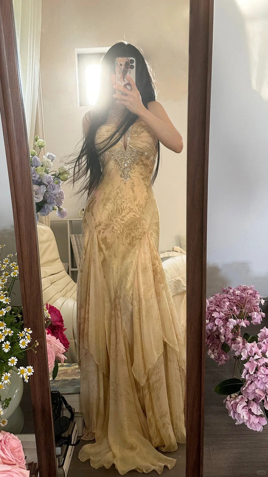 Sexy Mermaid Champagne Chiffon Floor length Sleeveless Formal Outfit Prom Dresses MP1101