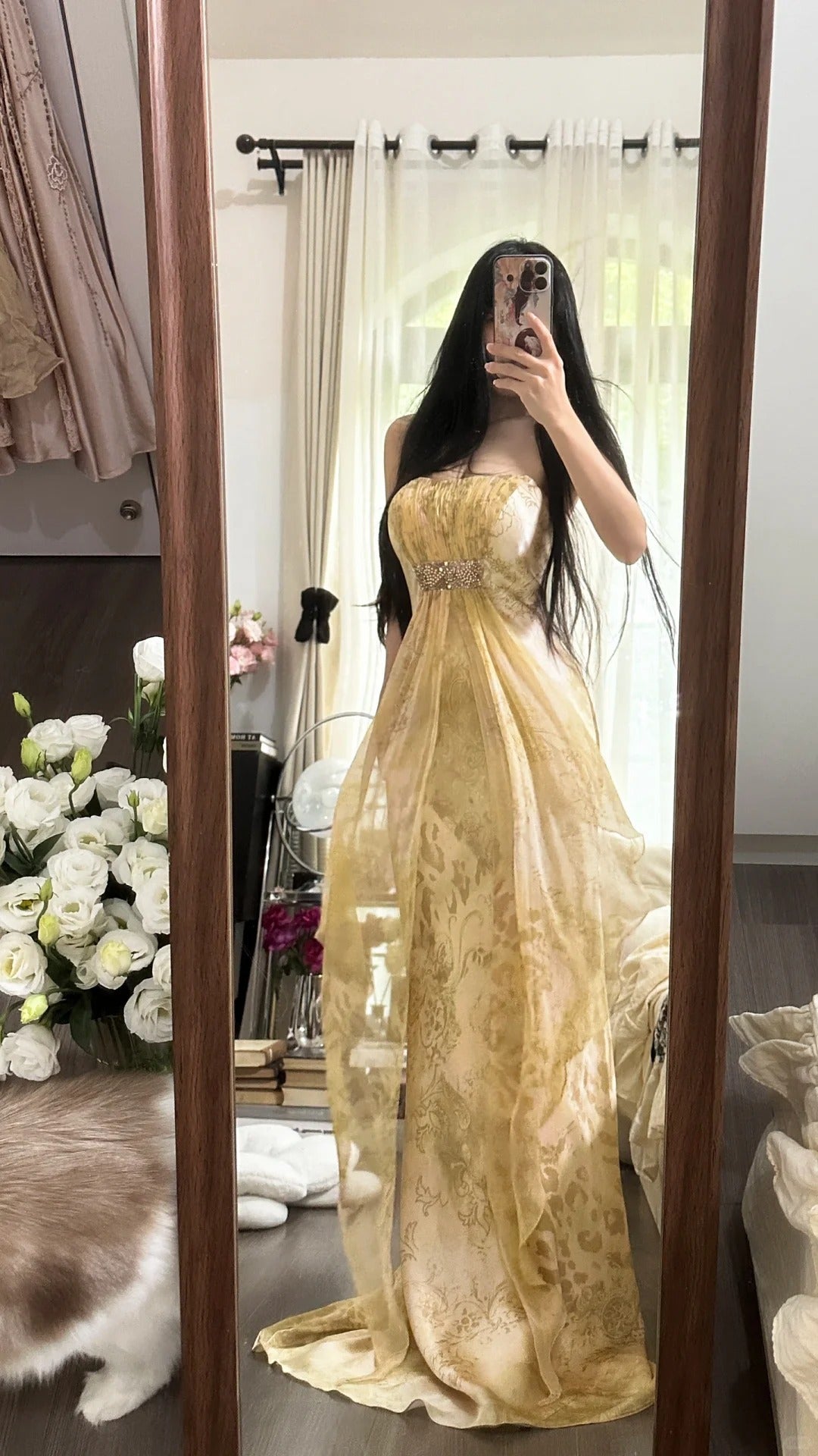 Sexy Mermaid Strapless Gold Chiffon Sleeveless Formal Outfit Long Prom Dresses M5P1105