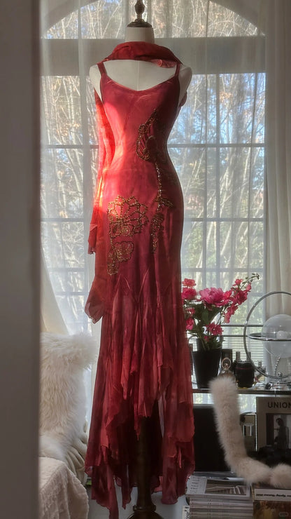 Bescheidenes Meerjungfrauen-Spaghettiträger-Kleid aus burgunderrotem Chiffon mit Perlenverzierung, bodenlang, Abend-/Ballkleid MP1041