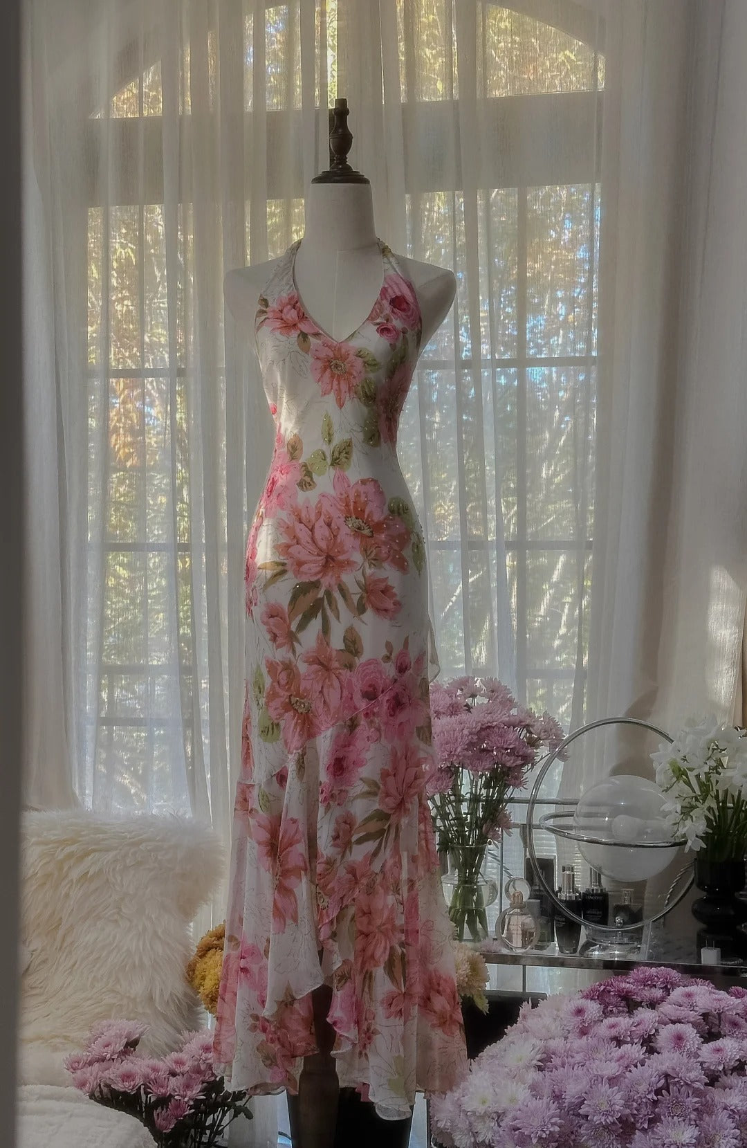 Sexy Mermaid V Neck Floral Pink Chiffon Floor length Sleeveless Formal Outfit Prom Dresses MP1099