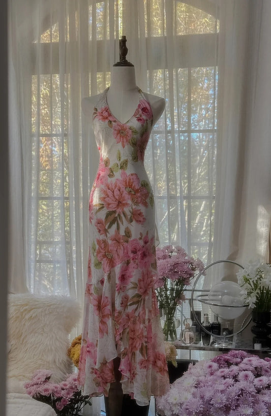 Sexy Mermaid V Neck Floral Pink Chiffon Floor length Sleeveless Formal Outfit Prom Dresses MP1099