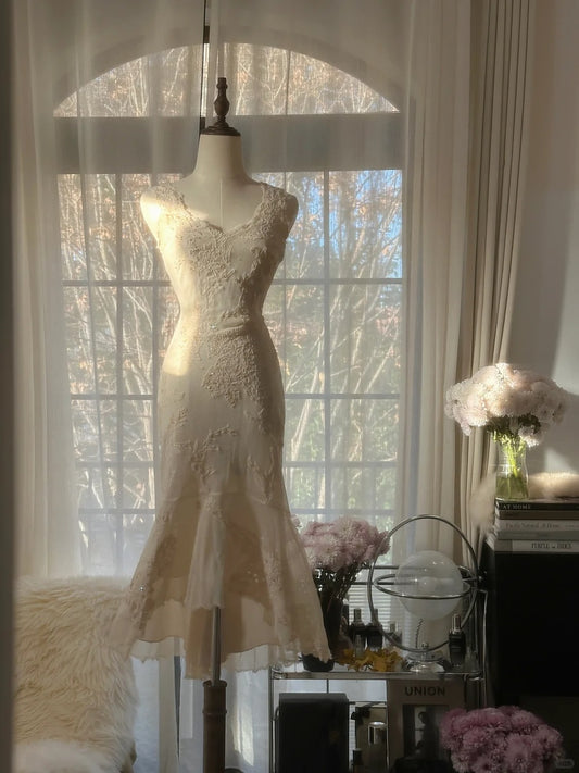 Vintage Mermaid V Neck White Chiffon Formal Gown Knee Length Prom Dresses MP1100