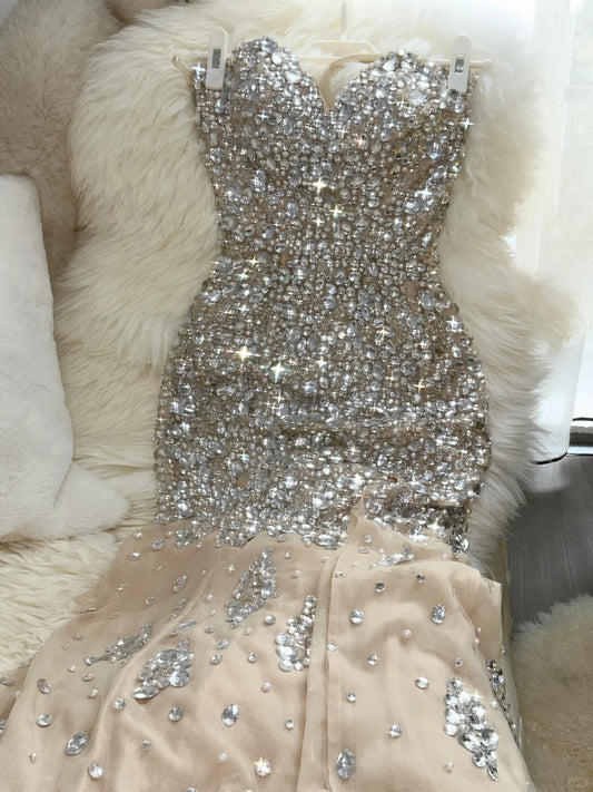 Best Mermaid Sweetheart Champagne With Beading Long Formal Outfits Prom Dresses MP1117