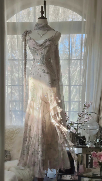 Vintage Mermaid Spaghetti Strap Chiffon With Beaded Floral Formal Gown Long Evening Night Prom Dresses MP1019