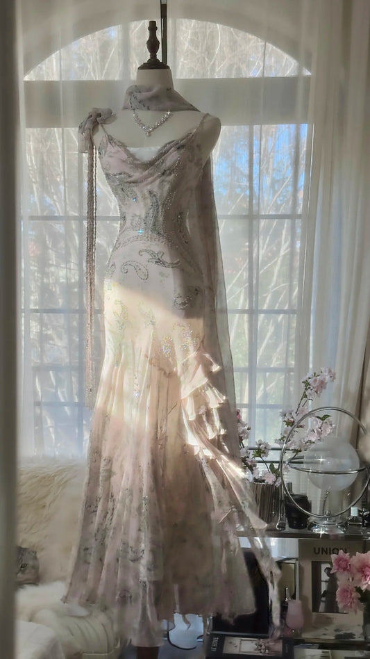 Vintage Mermaid Spaghetti Strap Chiffon With Beaded Floral Formal Gown Long Evening Night Prom Dresses MP1019