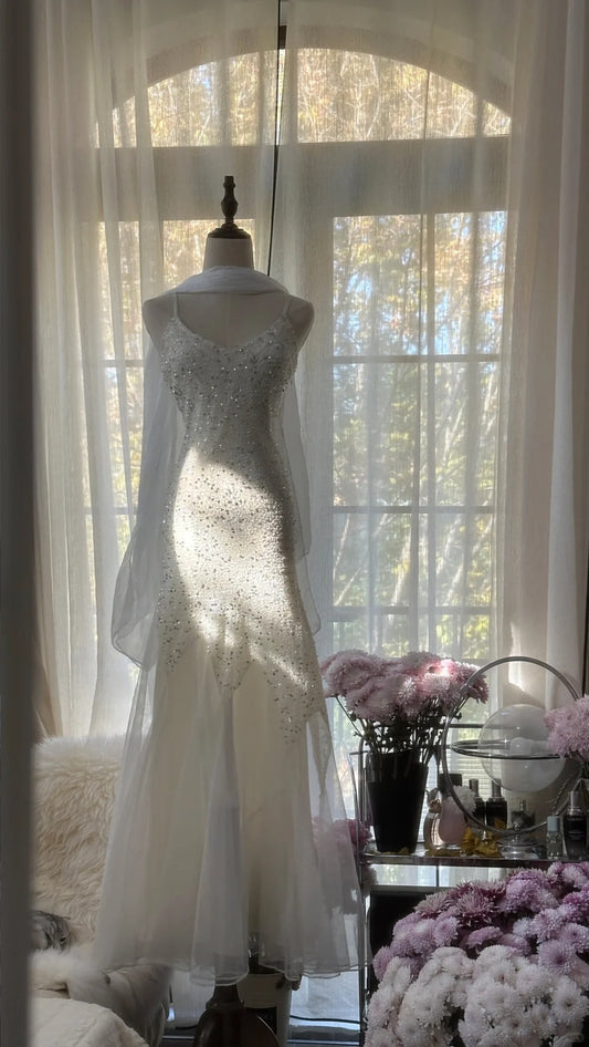 Vintage Mermaid Spaghetti Strap White Tulle With Scarf Long Formal Gown Evening Outfits Prom Dresses MP1082