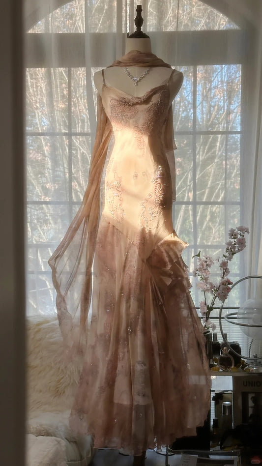 Vintage Mermaid Spaghetti Strap Chiffon Blush Pink With Beaded Formal Gown Long Evening Night Prom Dresses MP1021
