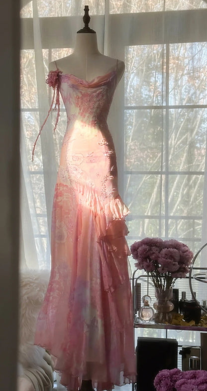 Sexy Mermaid Spaghetti Strap Pink Floral Chiffon Floor length Sleeveless Formal Outfit Prom Dresses MP1102