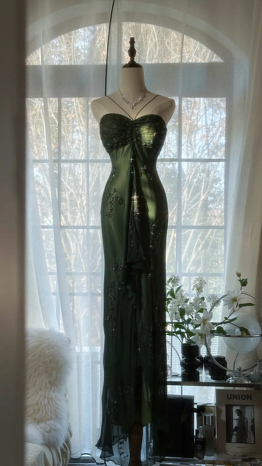 Simple Mermaid Halter Dark Green Chiffon With Beading Formal Gown Long Evening Night Prom Dresses MP1026