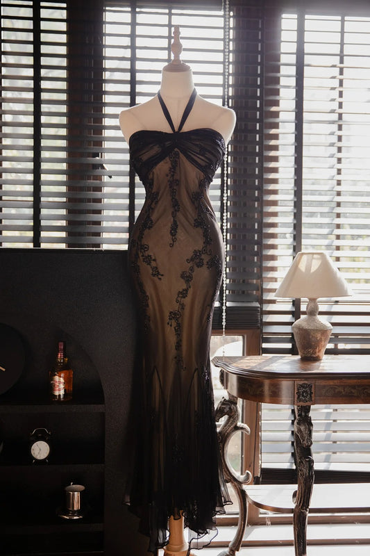 Classy Mermaid Halter Black Tie Lace Inspiration Sleeveless Pageant Outfits Prom Dresses MP1145