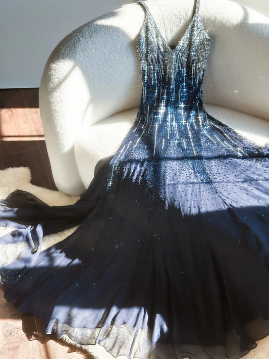 Sparkly A line V Neck Navy Blue Chiffon Sequin With Beading Formal Gown Long Evening Night Prom Dresses MP1032