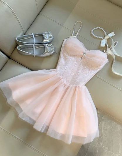 Affordable A line Spaghetti Straps Pink Lace For High School Girls Homecoming Dresses Mini Hoco Gown Cocktail Outfit MP1240